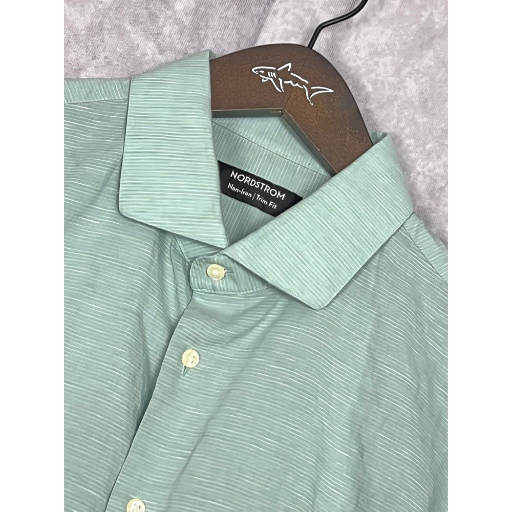 Nordstrom Button Down Shirt Mens 17 36-37 Sage Green Excellent Non-Iron Trim Fit
